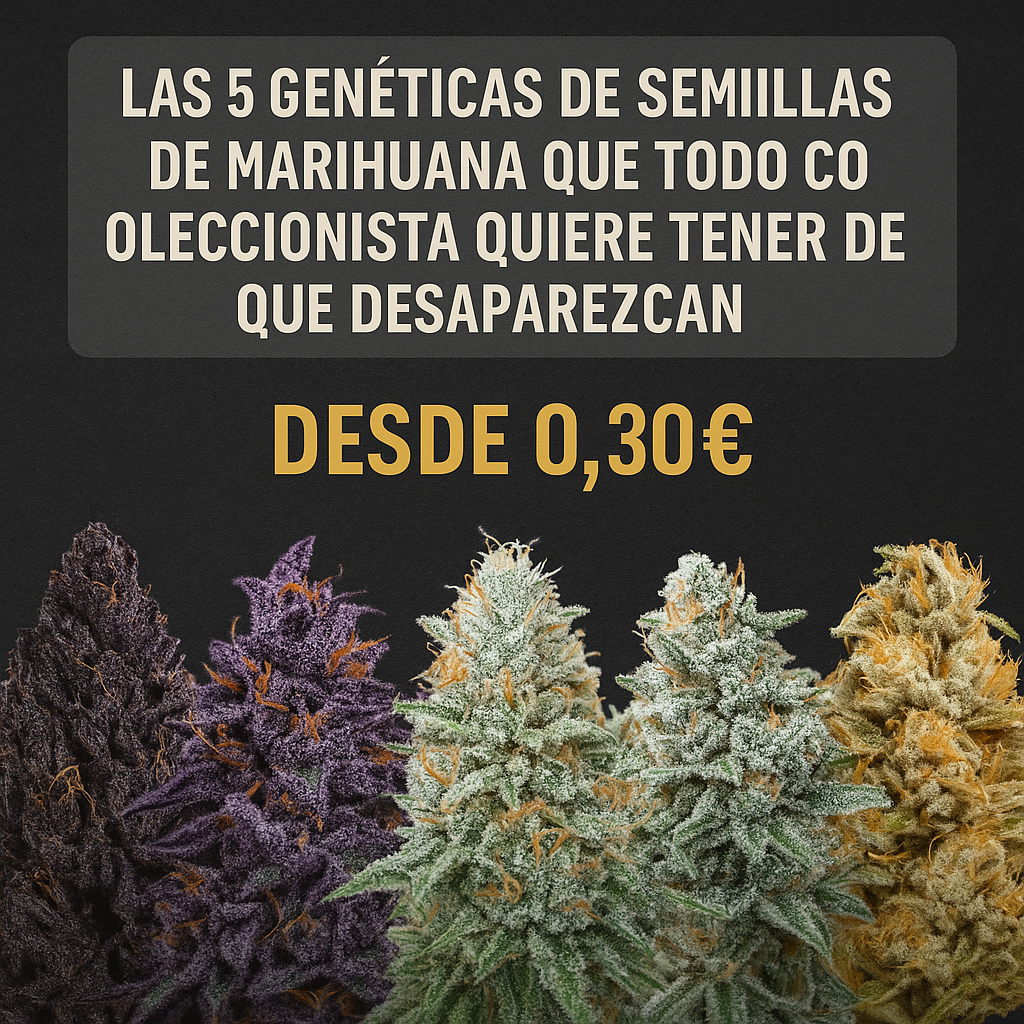 Cinco variedades exclusivas de semillas de marihuana coleccionables en oferta desde 0,30 €, destacando genéticas raras con colores únicos como morado, verde y dorado.
