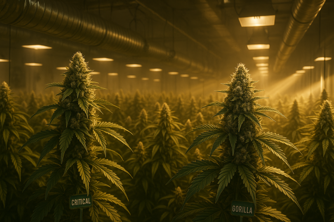 Cultivo interior profesional mostrando una cosecha abundante de las semillas top ventas Auto Critical y Super Gorilla con cogollos resinosos