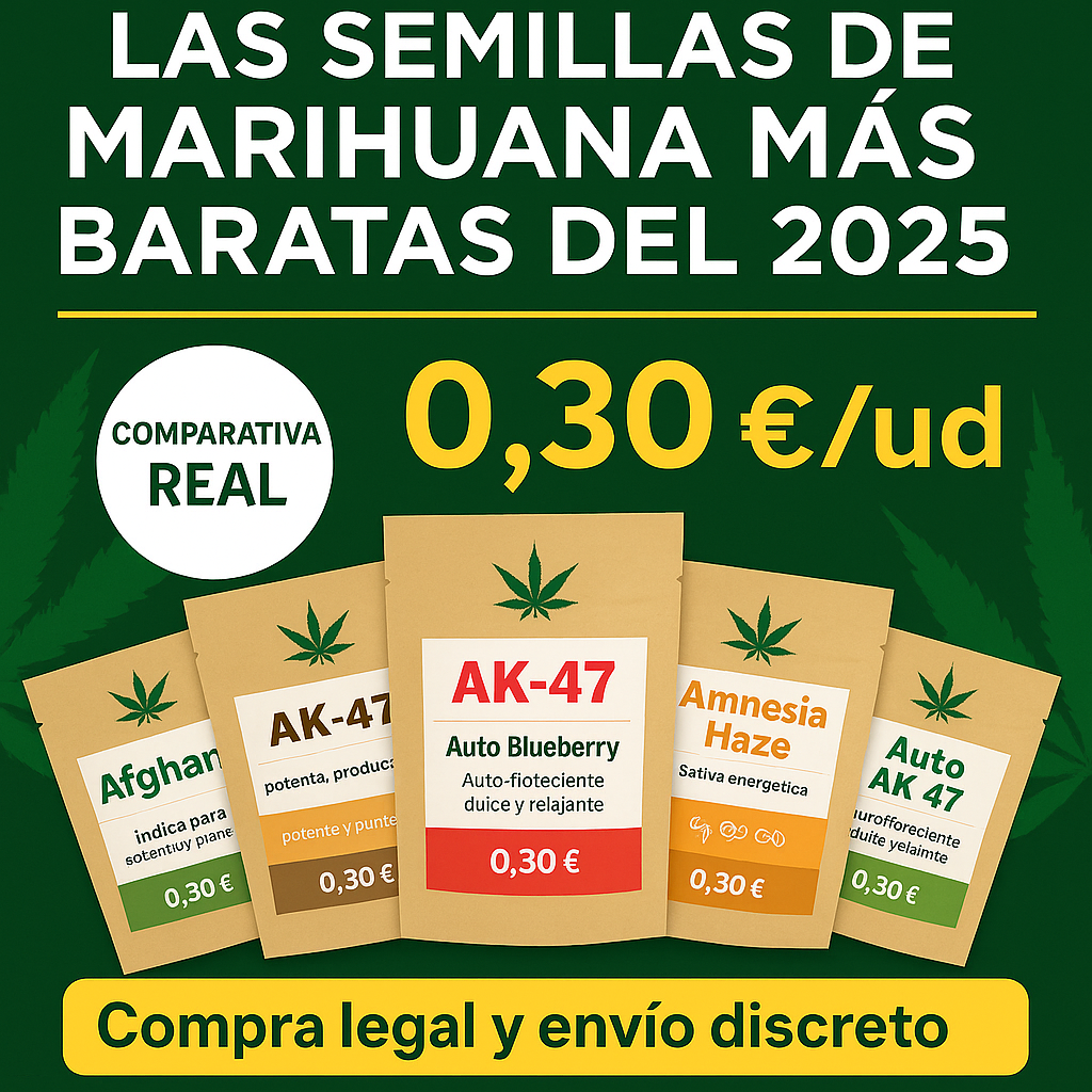 Promoción de semillas de marihuana más baratas del 2025 desde 0,30€ por unidad, variedades como AK-47, Amnesia Haze y Auto Blueberry, con envío legal y discreto