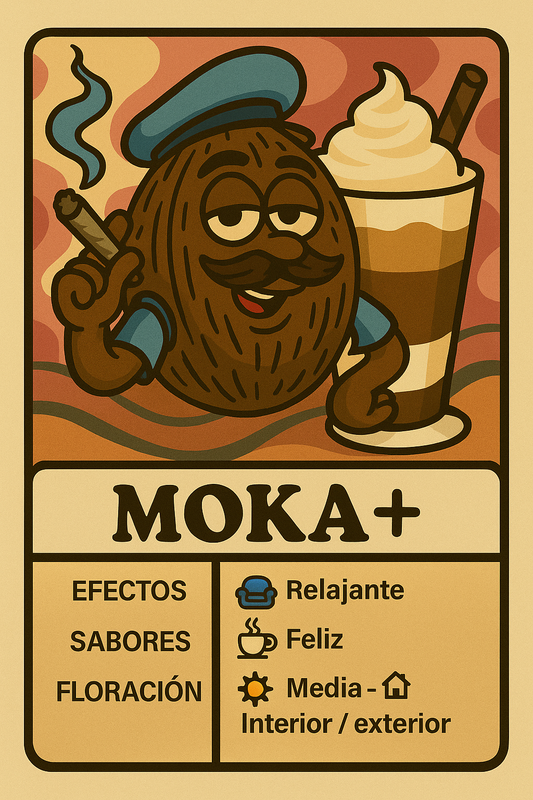 Moka+ es una híbrida con sabor a café y chocolate. Efecto relajante y creativo ideal para disfrutar con calma. Aromática y muy sabrosa.