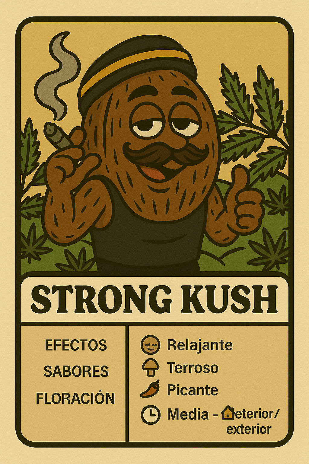 Semillas Strong Kush con efecto sedante y aroma intenso terroso y picante